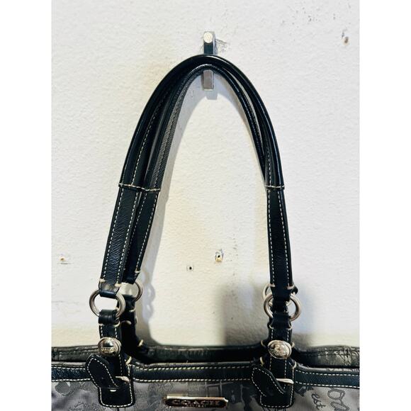 COACH Grey Black Stage Coach Horse Printed Fabric Y2K Leather Tote Handbag - Picture 5 of 15